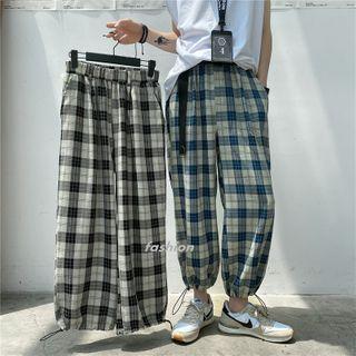 Band-waist Plaid Drawstring-cuff Pants