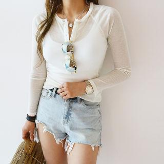 Half-placket Raglan-sleeve T-shirt