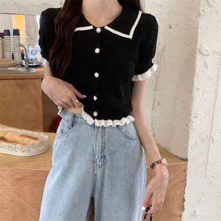 Short-sleeve Collar Ruffle Trim Top