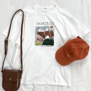 Short-sleeve Mountain Print T-shirt As Shown In Figure - One Size