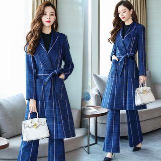 Set: Double Breasted Long Coat + Wide Leg Dress Pants