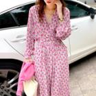 Long-sleeve Floral Midi A-line Dress Rose Pink - One Size