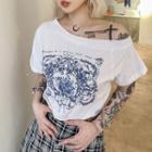 Short-sleeve Off-shoulder Floral Print Chained T-shirt