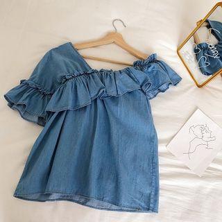Plain Asymmetric Ruffled-trim Denim Blouse