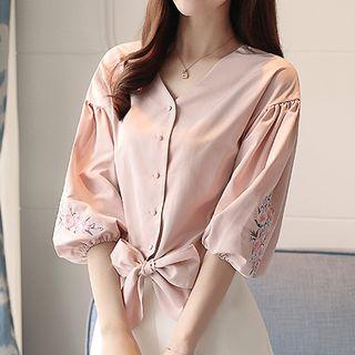Elbow-sleeves Embroidered Front Knot Blouse