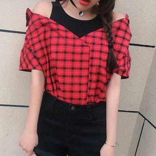 Plaid Short-sleeve Cold Shoulder Top