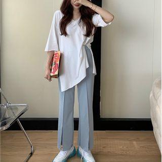 Slit Elbow-sleeve T-shirt / Slit Straight-cut Pants