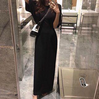 Elbow-sleeve Button-detail Maxi T-shirt Dress Black - One Size