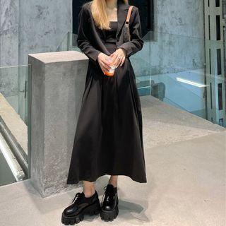 Long-sleeve Plain Cropped Blazer / A-line Midi Skirt