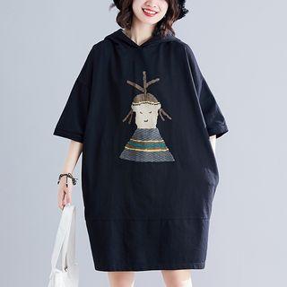 Short-sleeve Printed Hoodie Dress Black - One Size