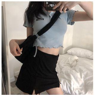 Short-sleeve Crop Knit Top / Mini A-line Skirt