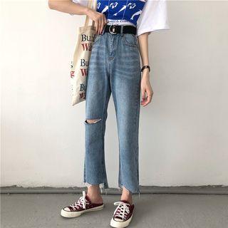 Cropped Slit-side Ripped Jeans