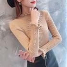 Long-sleeve Ribbed Frill Trim Knit Top