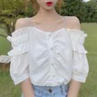 Short-sleeve Cold Shoulder Frill Trim Blouse White - One Size