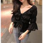 Long-sleeve Off-shoulder Tiered Chiffon Top