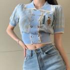 Flower Embroidered Short-sleeve Knit Top Blue - One Size