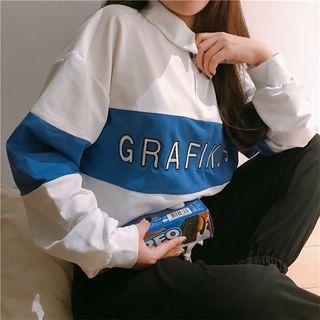 Polo-neck Long Sleeve Letter Print Top As Shown In Figure - One Size