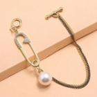 Faux Pearl Rhinestone Alloy Safety Pin Bracelet Gold - One Size