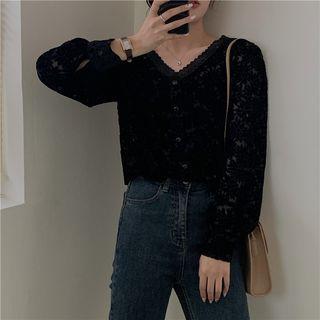 V-neck Long-sleeved Corduroylace Top Black - One Size