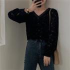 V-neck Long-sleeved Corduroylace Top Black - One Size