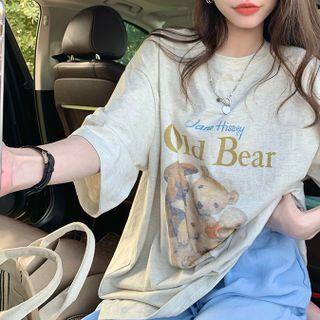 Elbow-sleeve Bear Print T-shirt T-shirt - Bear - Gray - One Size