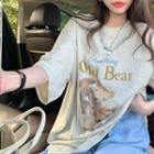 Elbow-sleeve Bear Print T-shirt T-shirt - Bear - Gray - One Size