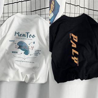 Set : Elbow-sleeve Print T-shirt + Elbow-sleeve Lettering T-shirt