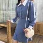 Long-sleeve Dotted Mini A-line Collared Dress Blue - One Size