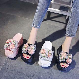 Ruffle Floral Strap Platform Slide Sandals