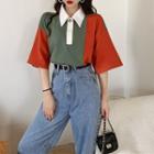 Elbow-sleeve Color Block Polo Shirt / Wide-leg Jeans