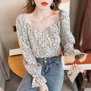 Long Sleeve Sweetheart Floral Print Blouse