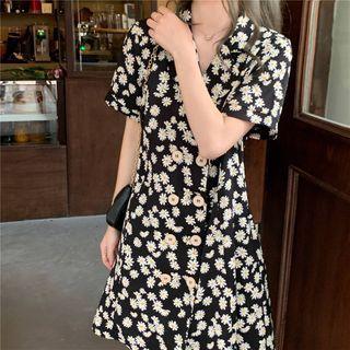 Flower Print Short-sleeve Collared Dress Chrysanthemum - One Size