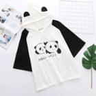 Panda Print Hooded Elbow-sleeve T-shirt White - One Size