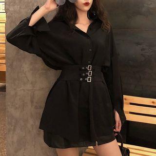 Long-sleeve Shirt Dress Black - One Size