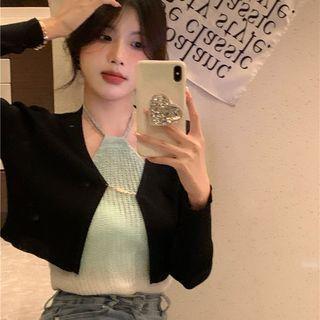 Halter-neck Crop Camisole Top / Faux Pearl Crop Cardigan