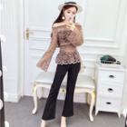 Set: Long-sleeve Off Shoulder Lace Top + Boot-cut Cropped Pants