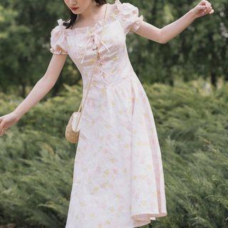 Flower Print Off-shoulder Midi A-line Dress
