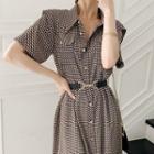 Short-sleeve Patterned Midi A-line Dress Black - One Size