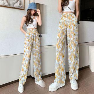 Elastic Waist Floral Print Tie-dye Loose-fit Pants
