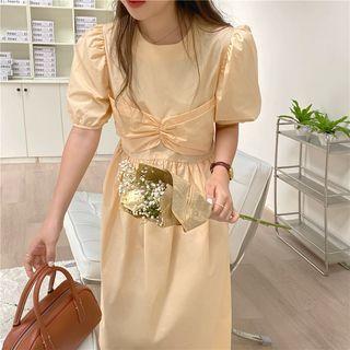 Puff-sleeve Ruched Midi Smock Dress