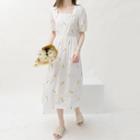 Floral Embroidered Short-sleeve Square-neck Midi A-line Dress White - One Size