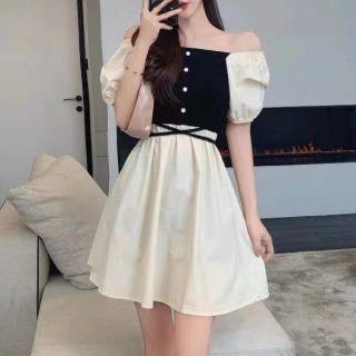 Puff-sleeve Off-shoulder Two-tone Mini A-line Dress