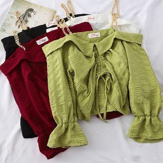 Long-sleeve Frill Trim Cold Shoulder Drawstring Cropped Top