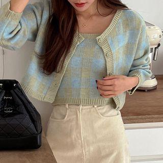 Set: Gingham Cropped Cardigan + Knit Camisole Top