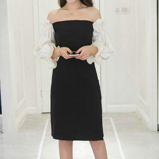 Color Panel Off Shoulder 3/4 Sleeve Dress