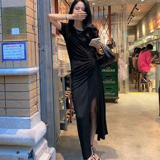 Short-sleeve Slit Maxi Sheath T-shirt Dress