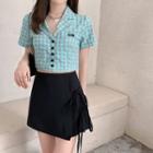 Short-sleeve Plaid Cropped Shirt / Lace-up Mini Skirt