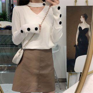 Long-sleeve Halter-neck Plain Knit Top