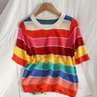 Short-sleeve Color Block Knit Top Stripes - Red & Yellow & Blue - One Size