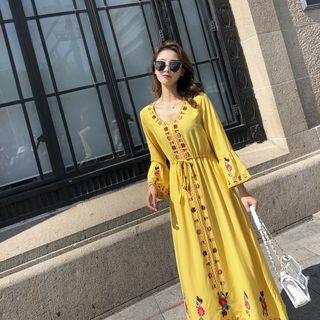 Bell-sleeve Embroidered Midi Sundress